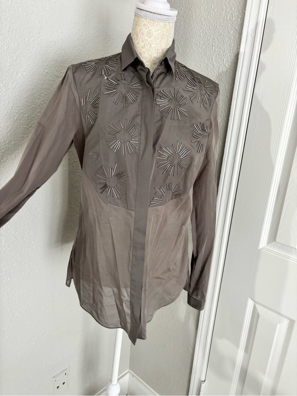 Akris Punto Taupe Embellished Button-Down Shirt - Picture 5 of 15